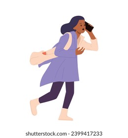 Busy business woman being late rushing talking phone and dressing on go vector illustration