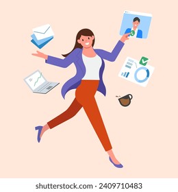 Busy business woman happy working, Multitasking work, Enjoy working hard, Productive woman, Multitasking skills, flat vector illustration