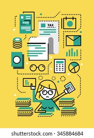 Busy Business woman with Tax documents. Tax concept. flat line icons design. vector illustration