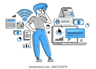 Busy business woman working on some commercial project online vector outline illustration, entrepreneur analyzing virtual financial data, e-business.