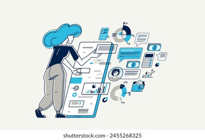 Busy business woman working on some commercial project online vector outline illustration, entrepreneur analyzing virtual financial data, e-business.