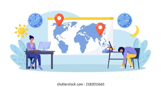 Busy business women near big world map working in different time zones. Time zone, international time, global network. Worldwide business. Clock showing local time