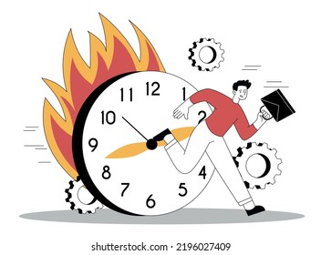 Busy Businessman Concept. Man At Burning Clock. Motivation And Workflow. Time Management. Planning And Setting Goals. Employee Or Entrepreneur. Lot Of Work Metaphor. Cartoon Flat Vector Illustration