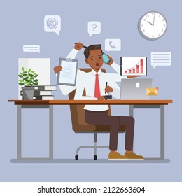 Busy businessman hard working on his desk in office with laptop and computer. people character vector design.