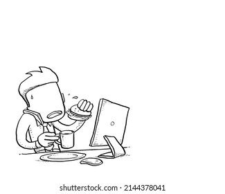 Busy businessman having coffee and burger while receiving call. Concept of office life. Cartoon vector illustration design.