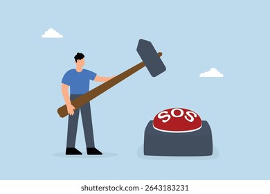
busy businessman hits SOS button with big hammer.