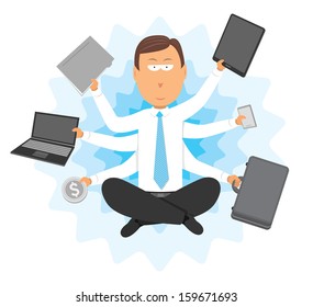 Busy businessman holding different objects