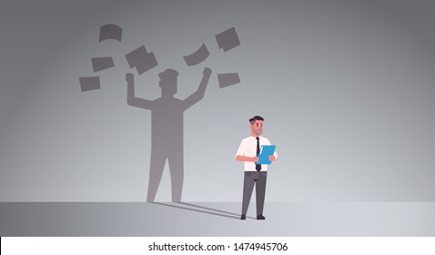 busy businessman holding folder shadow of business man throwing paper documents overvorked aspiration imagination concept male cartoon character standing pose full length flat horizontal