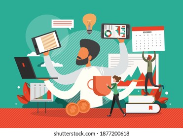 Busy businessman in a hurry with many hands holding laptop, smart phone, documents. Business concept vector illustration. Multitasking office worker