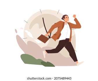 Busy businessman hurrying and rushing on businesses. Fast life and time pressure concept. Stressed employee with lot of work and deadlines. Flat vector illustration isolated on white background