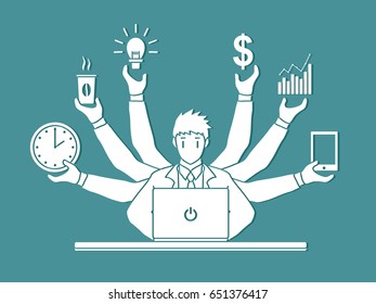 Busy Businessman with many hands holding many items graphic vector