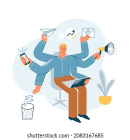 Busy businessman with multi task skills vector illustration. Cartoon workaholic office worker with phone, email, megaphone and laptop in arms. Inspiration, effective multitasking employee concept