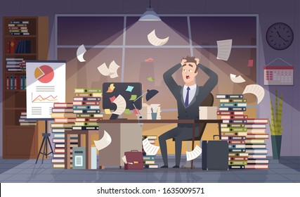 Busy businessman. Office manager hard work deadline stress chaos interior vector cartoon concept