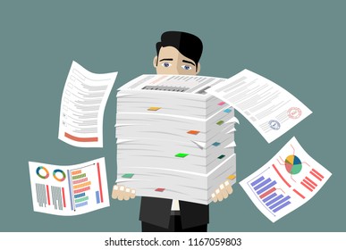 Busy businessman with pile of documents. Overworked employee. Bureaucracy. Vector flat design.