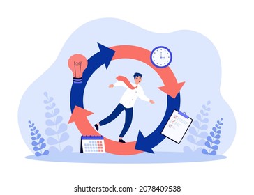 Busy businessman running in cycle of work tasks. Unstoppable working race of tiny man flat vector illustration. Time management, productivity concept for banner, website design or landing web page