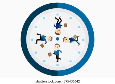 Busy businessman running on the clock.Young businessman running clockwise. Concept of deadline and busy time. Vector flat design illustration.