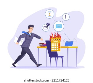 Busy businessman rushing to do work on time. Calendar on fire. Office worker working overtime to complete work. Hard working person on deadline pressure. Overworking, time management flat vector