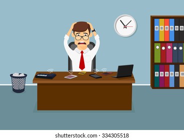 Busy businessman sitting at the table in the office and has a lot telephone calls at the same time. Cartoon flat style