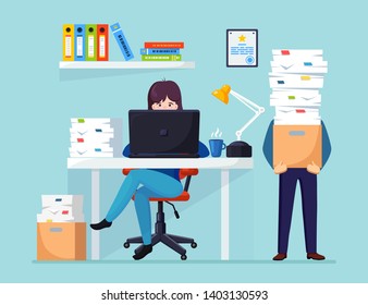Busy businessman with stack of documents in carton, cardboard box. Business woman working at desk.  Office interior with computer, laptop, coffee. Paperwork. Bureaucracy concept. Vector flat design