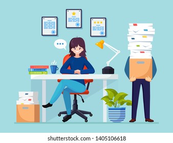 Busy businessman with stack of documents in carton, cardboard box. Business woman working at desk.  Office interior with computer, laptop, coffee. Paperwork. Bureaucracy concept. Vector flat design