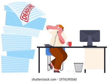 Busy businessman stressed due to excessive paperwork. Male employee performs work with documents to deal with deadlines in office. Man is talking on phone and looking at huge stack of tasks