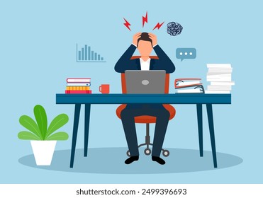 Busy businessman stressed due to excessive work with full of paperwork in office concept vector illustration