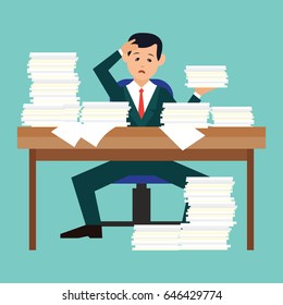 Busy Businessman Stressed Due To Excessive Work With Full Of Paperwork In Office, Cartoon Concept. Vector Illustration