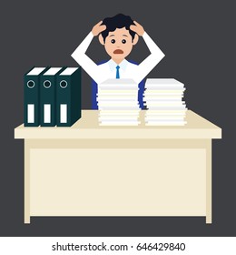 busy businessman stressed due to excessive work with full of paperwork in office, cartoon concept. vector illustration