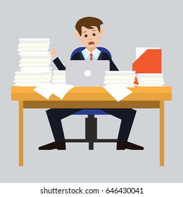 busy businessman stressed due to excessive work with full of paperwork in office, cartoon concept. vector illustration