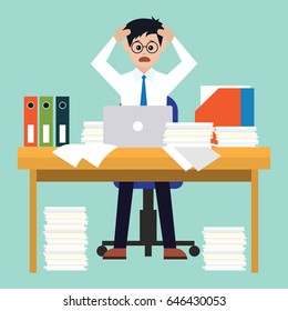 busy businessman stressed due to excessive work with full of paperwork in office, cartoon concept. vector illustration