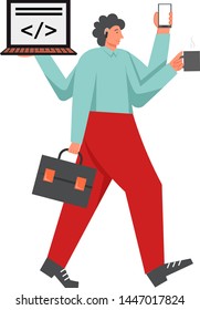 Busy businessman, vector flat style design illustration. Multitasking hard office work concept for web banner, website page etc.