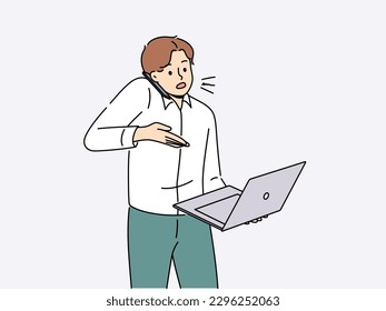 Busy businessman work on laptop talk on cellphone with client. Unhappy male employee overwhelmed with job, use computer speak on phone. Multitasking. Vector illustration. 