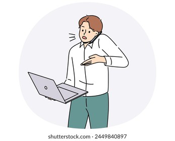 Busy businessman work on laptop talk on cellphone with client. Unhappy male employee overwhelmed with job, use computer speak on phone. Multitasking. Vector illustration.