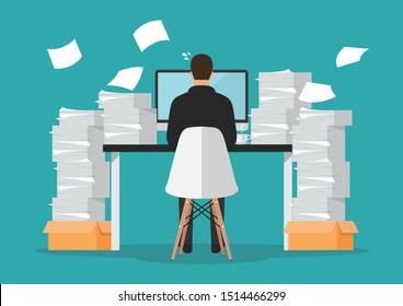 Busy businessman working on computer with pile of papers. Vector illustration