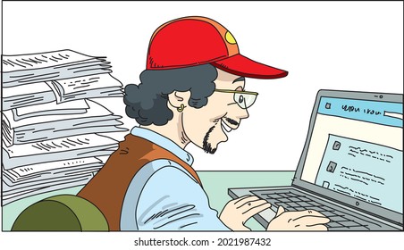 Ein beschäftigter Geschäftsmann, der mit einem Haufen Papier am Computer arbeitet. Vektorgrafik