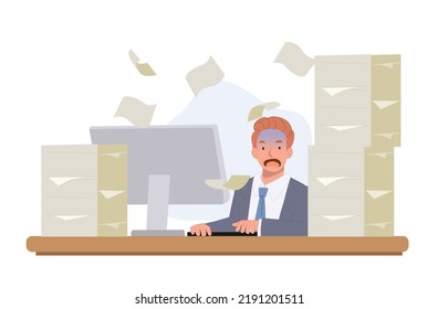 Ein beschäftigter Geschäftsmann, der mit einem Haufen Papier am Computer arbeitet. Überlastungskonzept. Flache Vektorgrafik.