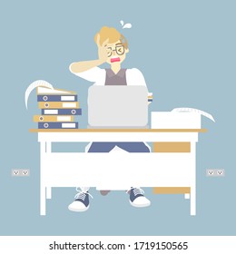 busy businessman working very hard, overwork, had a headache with laptop notebook, flat character design vector illustration