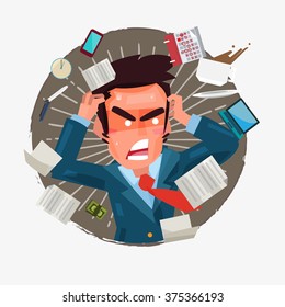 busy businessman with a lot of works to do. character design -  vector illustration