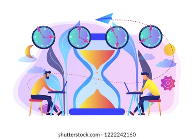 Busy businessmen with laptops near hourglass working in different time zones. Time zones, international time, world business time concept. Bright vibrant violet vector isolated illustration