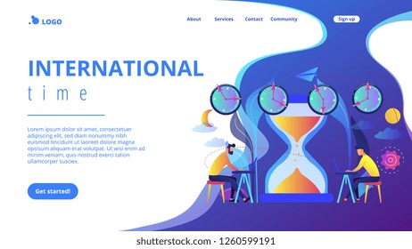 Busy businessmen with laptops near hourglass working in different time zones. Time zones, international time, world business time concept. Website vibrant violet landing web page template.