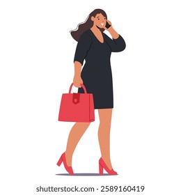 Busy businesswoman cartoon character speaking mobile phone holding business communication while going to work vector illustration. Young successful executive manager consulting client remotely