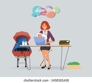 Busy businesswoman in mother with baby kid and working on laptop.