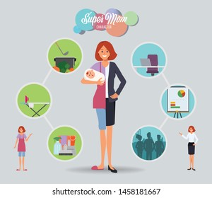 Busy businesswoman in mother with baby kid and working on laptop.