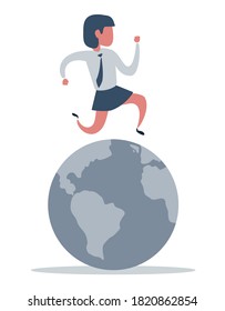 A busy businesswoman running on top of a globe. Shades of gray. Vector illustration flat design