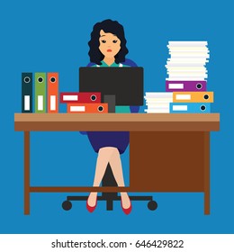 busy businesswoman stressed due to excessive work with full of paperwork in office, cartoon concept. vector illustration