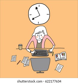 Busy businesswoman working overtime to finish her many tasks. Workaholic concept with clock and woman concentrating on her job. Vector illustration with hand-drawn style.