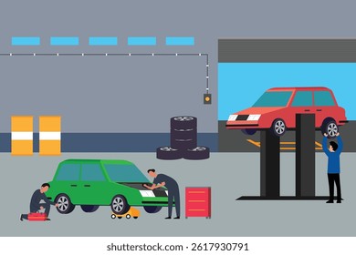 busy car repair shop or garage with two mechanics working on different vehicles