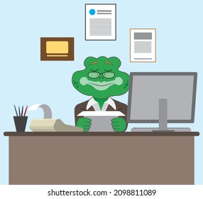 A busy cartoon frog accountant is reviewing a document