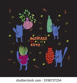Busy cats flat hand drawn vector color characters set. Cute cats take care of houseplants. Kitten play with flower pots. Isolated  cartoon illustrations.