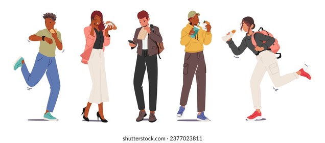 Busy Characters Hurriedly Devour Quick Bites, Juggling Meals Amidst Bustling Streets. A Fast-paced Lifestyle Fuels The Trend Of People Eating On The Go Seeking Convenience. Cartoon Vector Illustration